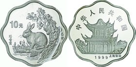 China; Year of the Rabbit Scalloped Silver Proof 10 Yuan. 1999. . Proof. 20.75g. 0.9. 36.00mm. KM1236