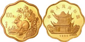 China; Year of the Rabbit Scalloped Gold Proof 100 Yuan. 1999. . Proof. 16.97g. 0.916. 27.00mm. KM1229