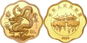 China; Year of the Dragon Scalloped Gold Proof 100 Yuan. 2000. . Proof. 15.55g. 0.916. 27.00mm. KM1326