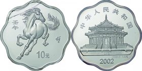 China; Year of the Horse Scalloped Silver Proof 10 Yuan. 2002. . Proof. 31.10g. 0.999. 40.00mm. KM1425