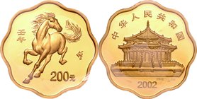 China; Year of the Horse Scalloped Gold Proof 200 Yuan. 2002. . Proof. 15.55g. 0.999. 27.00mm. KM1426