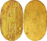 Japan; Man-en Koban Kin (Hina-Koban) Gold JNDA09-23. 1860. . VF+. 3.30g. . . Discolored