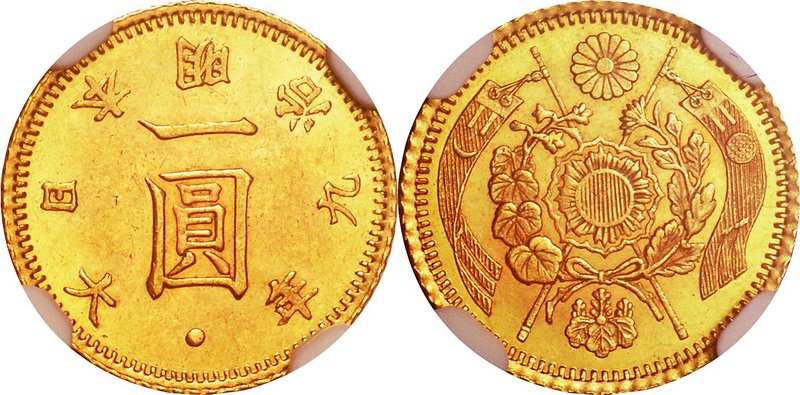 Japan; Old type 1 Yen Gold Reduced JNDA01-5A Rare Date. 1876. NGC MS63. UNC-. 1....
