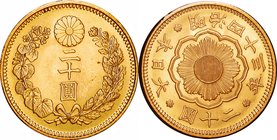 Japan; New type 20 Yen Gold JNDA01-6. 1910. . UNC. 16.67g. 0.9. 28.78mm.