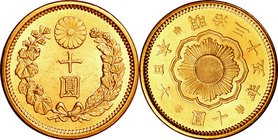 Japan; New type 10 Yen Gold JNDA01-7. 1902. . UNC. 8.33g. 0.9. 21.21mm.