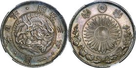 Japan; Old type 1 Yen Silver JNDA01-9. 1870. NGC MS63. AU. 26.96g. 0.9. 38.58mm. toned