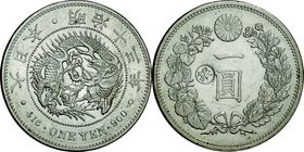 Japan; New type 1 Yen Silver Large size JNDA01-10 Left Counterstamp Silver in Japanese. 1880. . AU. 26.96g. 0.9. 38.60mm.