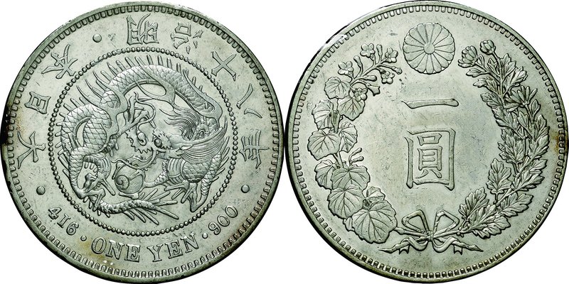 Japan; New type 1 Yen Silver Large size JNDA01-10. 1885. . AU. 26.96g. 0.9. 38.6...