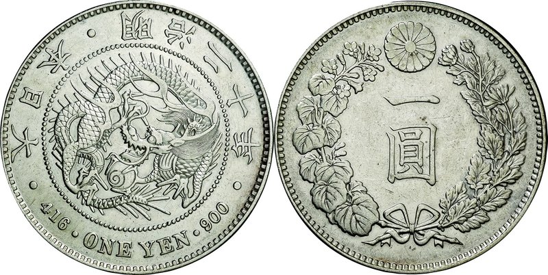 Japan; New type 1 Yen Silver Large size JNDA01-10. 1887. . EF. 26.96g. 0.9. 38.6...