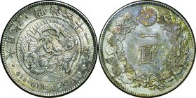 Japan; New type 1 Yen Silver Small size JNDA01-10A. 1908. . UNC-. 26.96g. 0.9. 38.10mm. toned