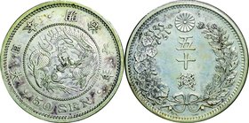 Japan; Dragon 50 Sen Silver JNDA01-14. 1873. . AU. 13.48g. 0.8. 30.90mm. toned