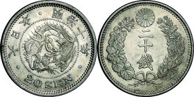 Japan; Dragon 20 Sen Silver JNDA01-21. 1877. . UNC. 5.39g. 0.8. 23.50mm. toned