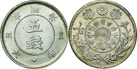 Japan; Rising Sun Large Character 5 Sen Silver JNDA01-34 Late Variety. 1871. . UNC. 1.25g. 0.8. 16.15mm.