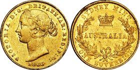 Australia; Victoria Young Head with Banksi Wreath Gold Sovereign. 1860. . VF-EF. 7.98g. 0.917. 22.00mm. KM4 Minted Sydney