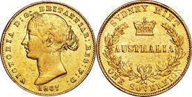 Australia; Victoria Young Head with Banksi Wreath Gold Sovereign. 1867. . VF. . . . KM4