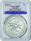 Australia; Funnel-Web Spider 1oz Silver 1 Dollar. 2015. PCGS MS69. FDC. 31.10g. 0.999. 40.00mm.