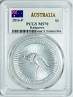 Australia; Kangaroo 1oz Silver 1 Dollar. 2016. PCGS MS70. FDC. 31.11g. 0.999. 40.00mm.