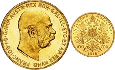 Austria; Franz Josef I Gold 100 Corona Restrike. 1915. . UNC. 33.87g. 0.9. 37.10mm. KM2819