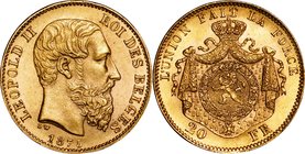 Bahama; Leopold II Gold 20 Francs. 1875. . UNC. 6.45g. 0.9. 21.20mm. KM37