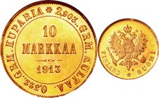 Finland; Imperial Double Head Eagle Gold 10 Markkaa. 1913. NGC MS66. FDC. 3.23g. 0.9. 18.90mm. KM8.2