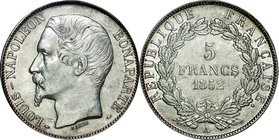 France; Louis Napoleon Silver 5 Francs. 1852. PCGS AU50. EF. 25.00g. 0.9. 37.40mm. KM773.1