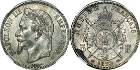 France; Napoleon III Laureate Head Silver 5 Francs. 1870. NGC AU50. EF. . . . KM799.1 toned