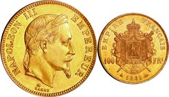 France; Napoleon III Laureate Head Gold 100 Francs. 1869. PCGS MS62. AU. 32.25g. 0.9. 35.00mm. KM802.1