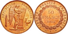 France; Standing Genius Gold 50 Francs. 1904. . AU. 16.13g. 0.9. 28.10mm. KM831