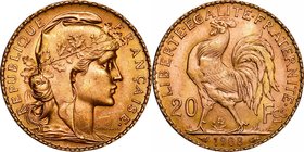 France; Rooster Gold 20 Francs. 1908. . UNC. 6.45g. 0.9. 21.00mm. KM857