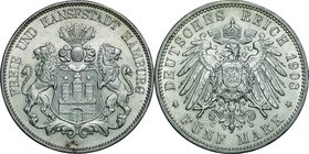 German Steates(Hamburg); Helmeted arms with Lions Silver 5 Mark. 1908. . AU. 27.78g. 0.9. 38.00mm. KM610