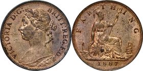 Great Britain; Victoria/Britannia Seated Bronze 1 Farthing. 1887. . AU. 2.50g. . 20.00mm. KM753