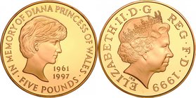 Great Britain; In Memory of Diana-Princess of Wales Gold Proof 5 Pounds. 1999. . Proof. 39.94g. 0.917. 38.61mm. KM997b