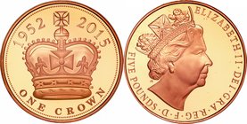 Great Britain; Elizabeth II Longest Reigning Monarch Gold Proof 5 Pounds. 2015. PCGS PR69DCAM. Proof. 39.94g. 0.917. 38.61mm.