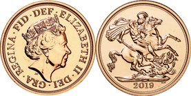 Great Britain; Elizabeth II Gold Sovereign. 2019. . UNC. 7.98g. 0.917. 22.05mm. w/o Box and Cert