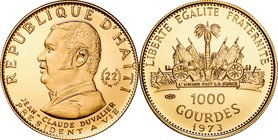 Republic of Haiti; President Duvalier Gold Proof 1000 Gourdes. 1973. . Proof. 13.00g. 0.9. 32.00mm. KM111 w/o Box and Cert