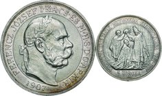 Hangary; Franz Joseph I 40th Anniversary of Coronation Silver 5 Korona. 1907. . UNC. 24.00g. 0.9. 36.00mm. KM489 toned　