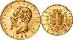 Italy; Emanuele II Gold 20 Lire. 1865. . VF-EF. 6.45g. 0.9. 21.30mm. KM10.1