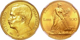 Italy; Emanuele III Female with plow Gold 100 Lire. 1912. NGC MS63+. UNC. 32.26g. 0.9. 35.00mm. KM50 Rare