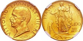 Italy; Emanuele III Gold 100 Lire. 1931. NGC MS63. UNC. 8.80g. 0.9. 25.00mm. KM72