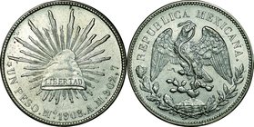 Mexico; Radiant Cap Silver 1 Peso. 1908. . EF. 27.07g. 0.903. 39.00mm. KM409.2