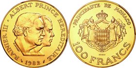 Monaco; Heir Apparent Prince Albert Gold Proof 100 Francs Essai. 1982. PCGS SP69 (Essai). Proof. 25.54g. 0.9. 30.00mm.
