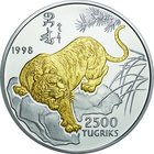 Mongolia; Year of The Tiger 5oz Silver Proof 2500 Tugrik Partial Gilt. 1998. . Proof. 155.67g. 0.999. 65.00mm.