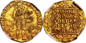 Netherlands; Knight Standing Gold Trade Ducat. 1730. NGC CLIPPED. F. 3.01g. 0.986. 20.80mm. KM12