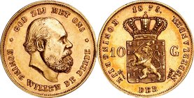 Netherlands; William III Gold 10 Gulden. 1875. . EF. 6.73g. 0.9. 22.50mm. KM105