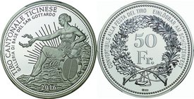 Switzerland; Shooting Festival Ticino Gottard Base Tunnel Silver Proof 50 Francs. 2016. PCGS PR69DCAM. Proof. 25.00g. 0.9. 37.00mm.