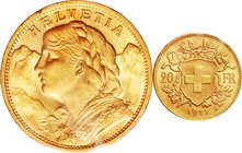 Switzerland; Helvetia Gold 20 Francs. 1911. . UNC. 6.45g. 0.9. 21.20mm. KM35.1