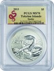Tokelau Islands; Year of the Snake Silver 5 Dollars. 2013. PCGS MS70. FDC. 31.10g. 0.999. 38.60mm. KM64