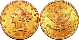 United States; Coronet Head Gold 10 Dollars. 1901. PCGS MS63. UNC-. 16.71g. 0.9. 27.00mm. KM102