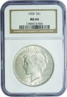 United States; Peace Dollar Silver. 1924. NGC MS64. UNC. 26.73g. 0.9. 38.00mm. KM150