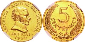 Uruguay; Artigas Gold Proof Pattern 5 Centesimos. 1960. NGC PROOF DETAILS (REV SCRATCHED). EFProof. 7.00g. 0.916. 20.00mm. KMPn54